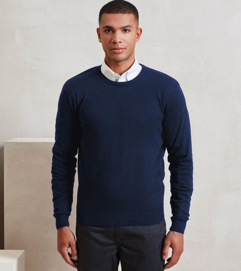 Crew neck cotton-rich knitted sweater Thumbnail