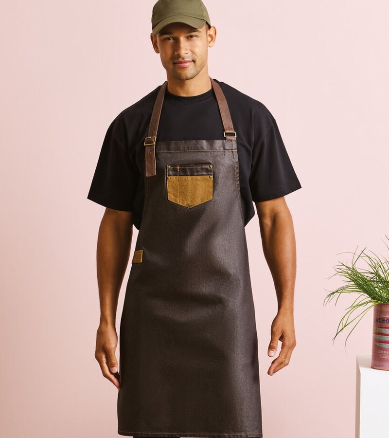 Division waxed-look denim bib apron with faux leather Thumbnail