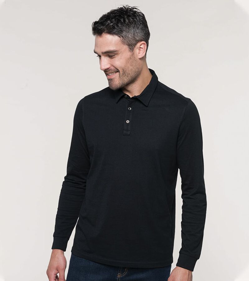 Jersey knit long sleeve polo shirt Thumbnail